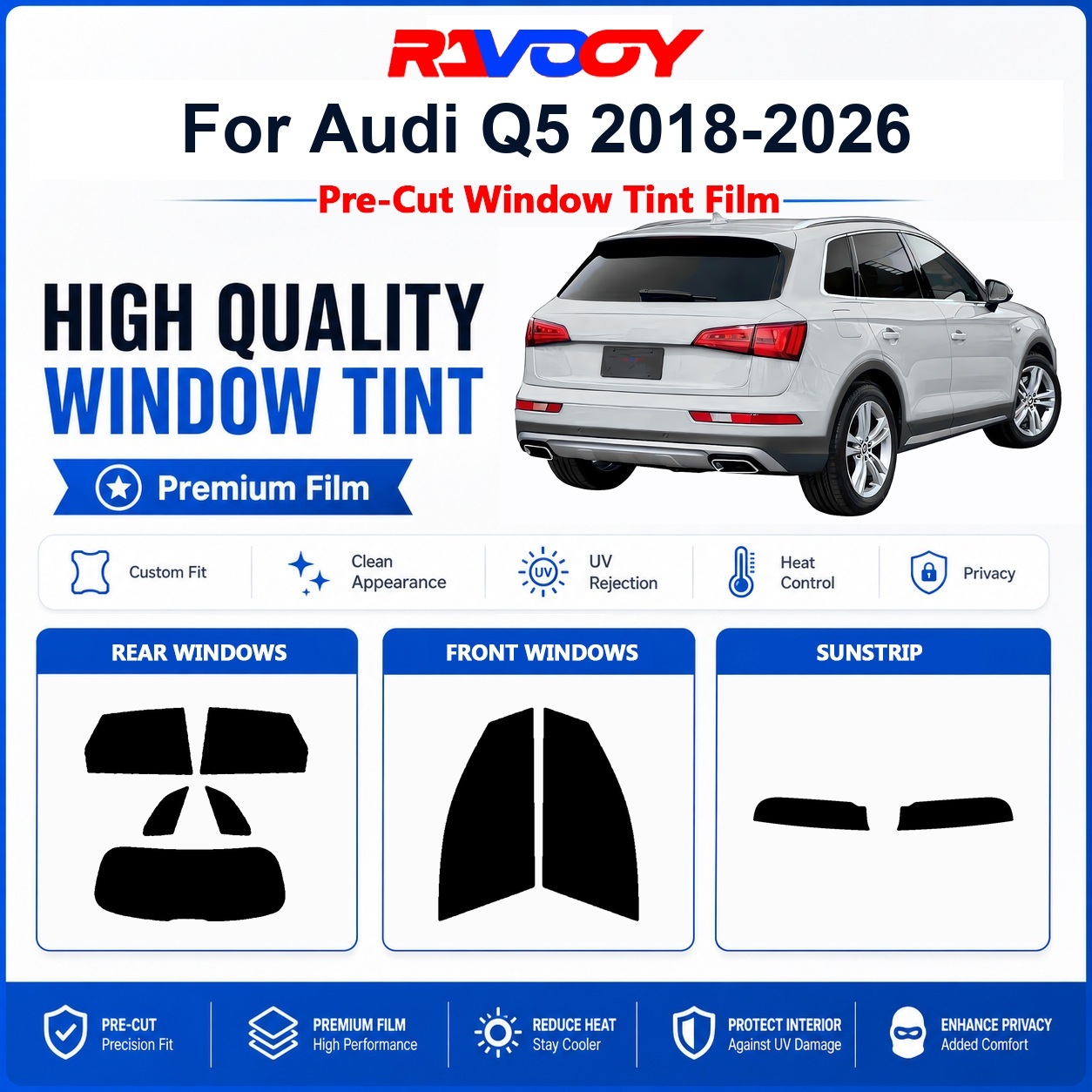 Privacy Screen Protector - ฟิล์มกรองแสงพรีเมียมสำเร็จรูปสำหรับ Audi Q5 2018-2026 กระจกหน้าและหลัง ป้องกันรังสียูวีและความร้อน