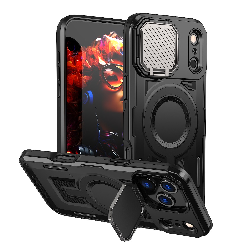 Camera Lens Protector - เคสโทรศัพท์แบบแม่เหล็ก Rugged Armor พร้อมตัวป้องกันเลนส์กล้องแบบเลื่อนและขาตั้ง สำหรับ iPhone