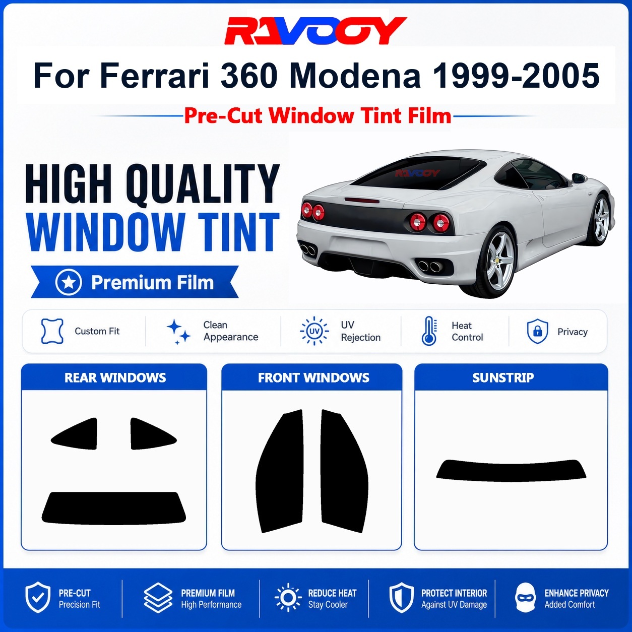 Privacy Screen Protector - ฟิล์มกรองแสงพรีเมียมสำเร็จรูปสำหรับ Ferrari 360 Modena 1999-2005 กระจกหน้าและหลัง