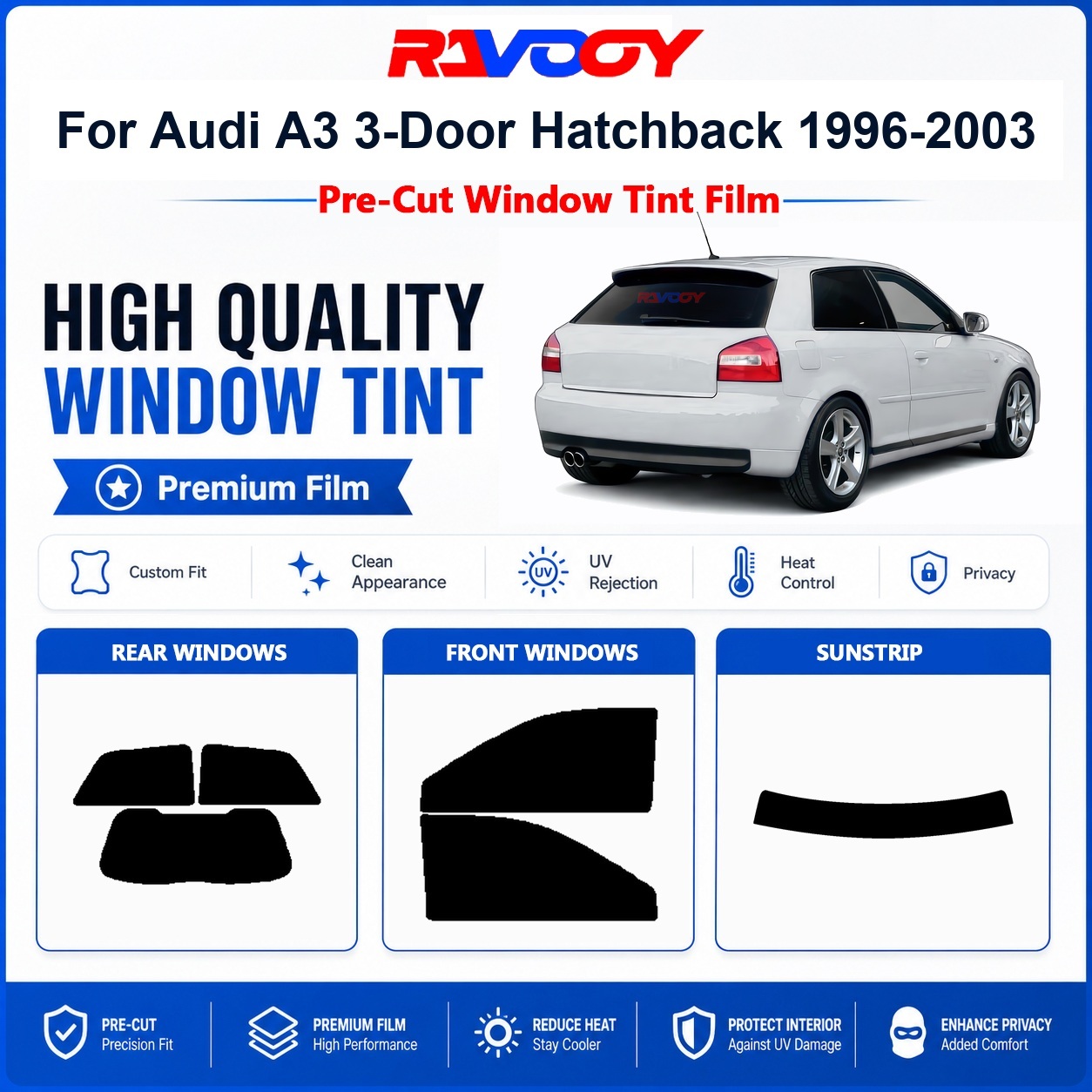 Privacy Screen Protector - ฟิล์มกรองแสงแบบตัดสำเร็จรูปคุณภาพพรีเมียมสำหรับรถยนต์ Audi A3 3 ประตู แฮทช์แบค